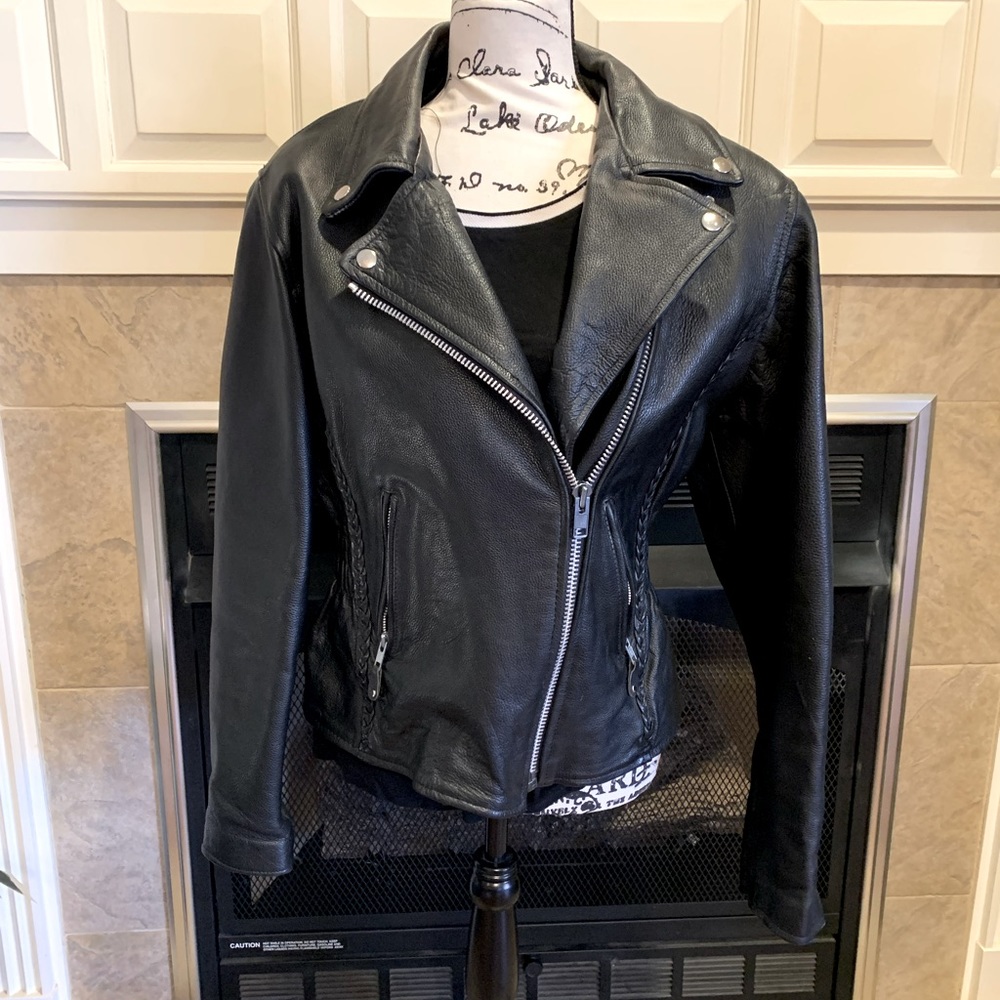 Size small black leather motorcycle jacket.